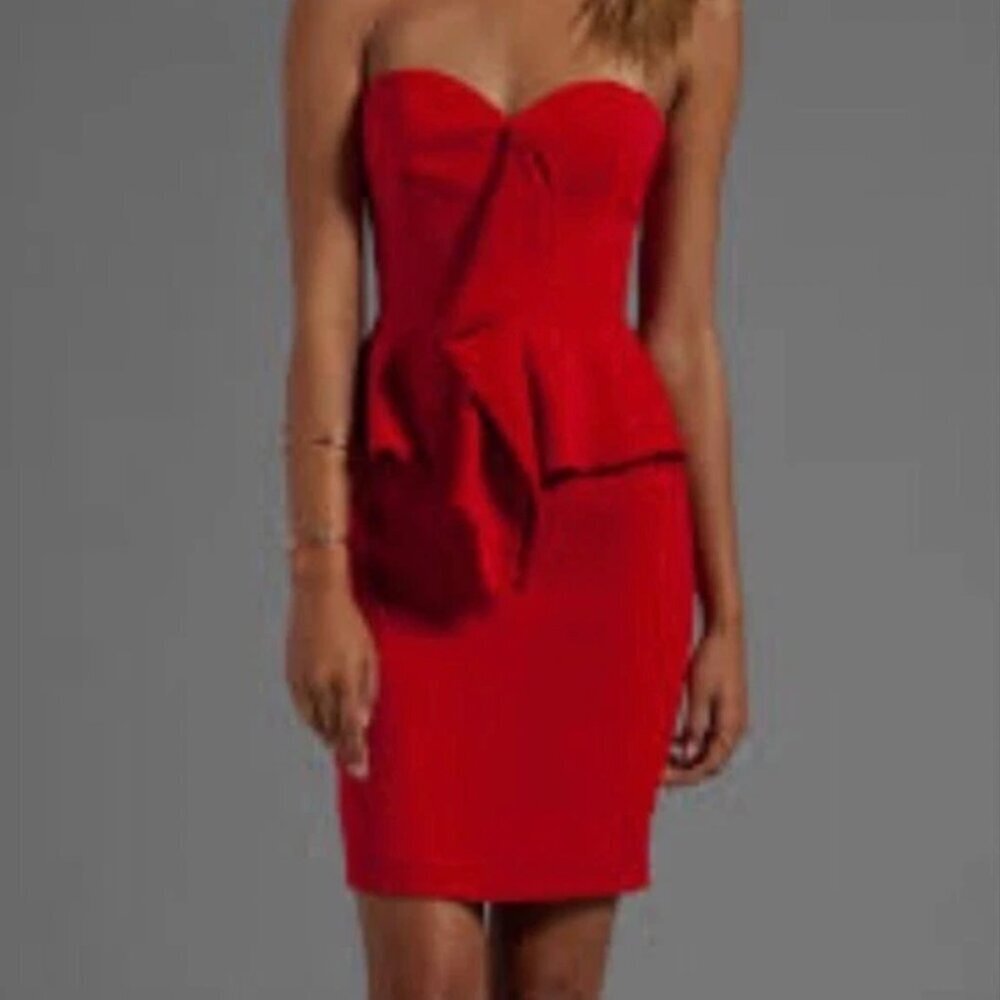 JAYGODFREY Strapless Red Hot Peplum Dress Birch Cascade Mini Womens 6 Cocktail